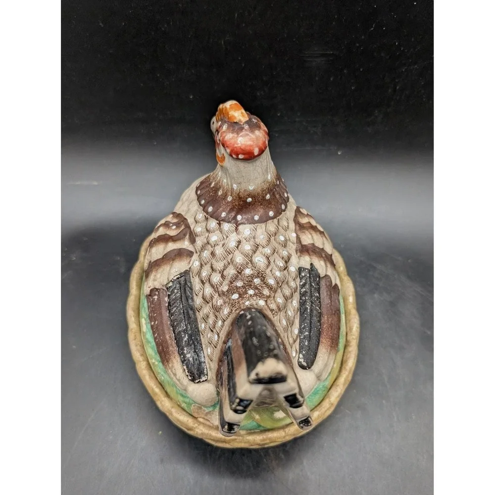 Antique Staffordshire Ceramic Hen on Nest Covered Dish Hand Painted As Is 6